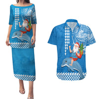 Custom Hawaii Mele Kalikimaka Couples Matching Puletasi Dress and Hawaiian Shirt Santa Riding The DolPhin Mix Kakau Pattern Blue Style LT03 Blue - Polynesian Pride