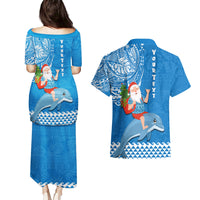 Custom Hawaii Mele Kalikimaka Couples Matching Puletasi Dress and Hawaiian Shirt Santa Riding The DolPhin Mix Kakau Pattern Blue Style LT03 - Polynesian Pride