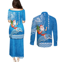Custom Hawaii Mele Kalikimaka Couples Matching Puletasi Dress and Long Sleeve Button Shirt Santa Riding The DolPhin Mix Kakau Pattern Blue Style LT03 - Polynesian Pride