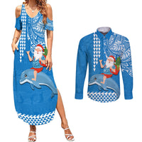 Custom Hawaii Mele Kalikimaka Couples Matching Summer Maxi Dress and Long Sleeve Button Shirt Santa Riding The DolPhin Mix Kakau Pattern Blue Style LT03 Blue - Polynesian Pride