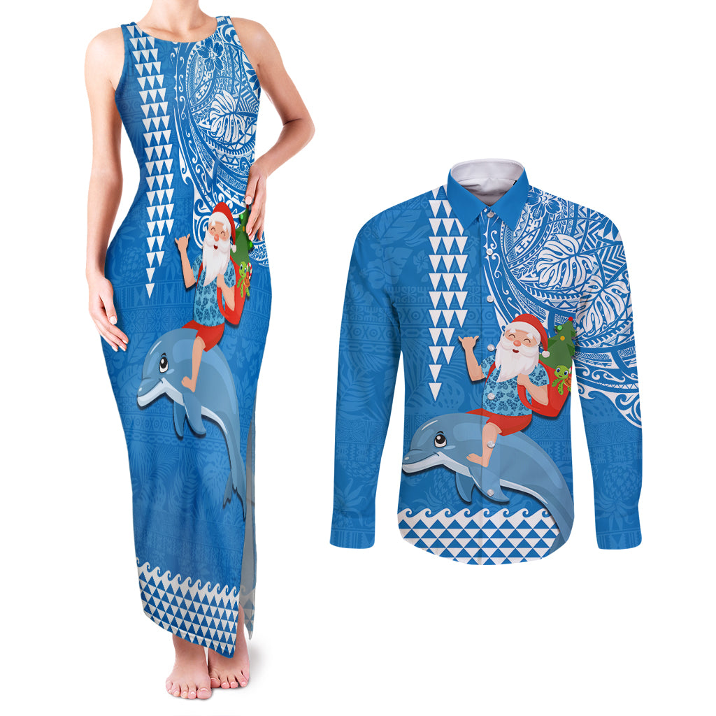 Custom Hawaii Mele Kalikimaka Couples Matching Tank Maxi Dress and Long Sleeve Button Shirt Santa Riding The DolPhin Mix Kakau Pattern Blue Style LT03 Blue - Polynesian Pride