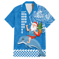 Custom Hawaii Mele Kalikimaka Family Matching Off Shoulder Maxi Dress and Hawaiian Shirt Santa Riding The DolPhin Mix Kakau Pattern Blue Style LT03 Dad's Shirt - Short Sleeve Blue - Polynesian Pride