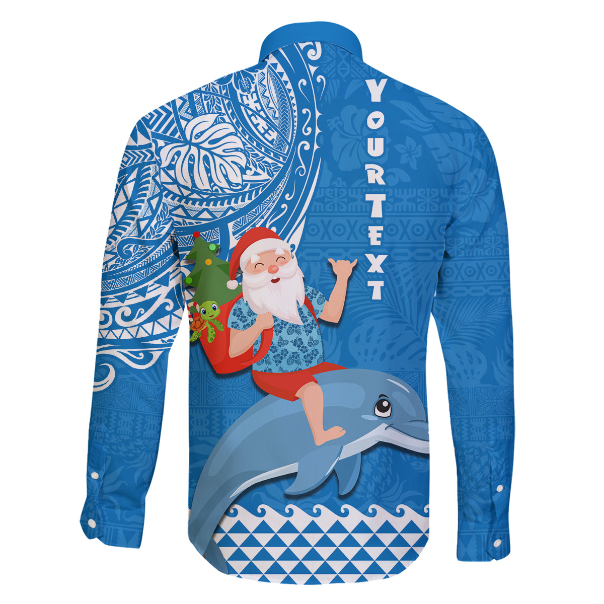 Custom Hawaii Mele Kalikimaka Family Matching Off Shoulder Maxi Dress and Hawaiian Shirt Santa Riding The DolPhin Mix Kakau Pattern Blue Style LT03 - Polynesian Pride