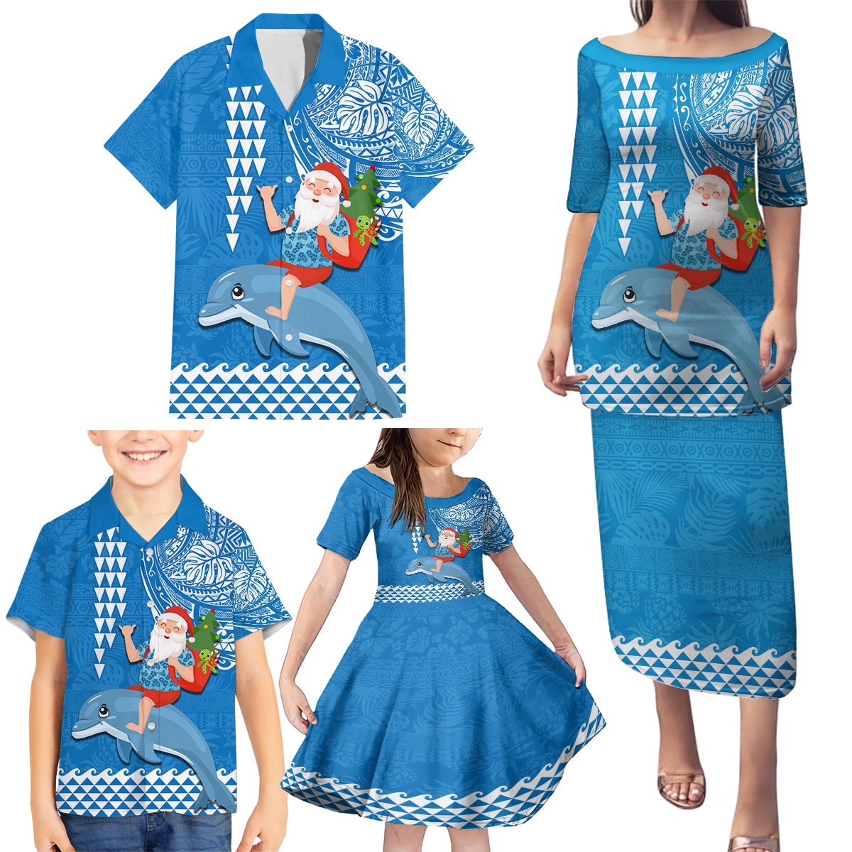 Custom Hawaii Mele Kalikimaka Family Matching Puletasi Dress and Hawaiian Shirt Santa Riding The DolPhin Mix Kakau Pattern Blue Style LT03 - Polynesian Pride