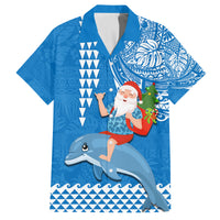 Custom Hawaii Mele Kalikimaka Family Matching Summer Maxi Dress and Hawaiian Shirt Santa Riding The DolPhin Mix Kakau Pattern Blue Style LT03 Dad's Shirt - Short Sleeve Blue - Polynesian Pride
