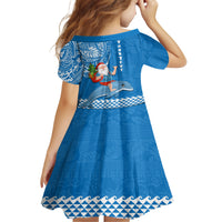 Custom Hawaii Mele Kalikimaka Kid Short Sleeve Dress Santa Riding The DolPhin Mix Kakau Pattern Blue Style LT03 - Polynesian Pride
