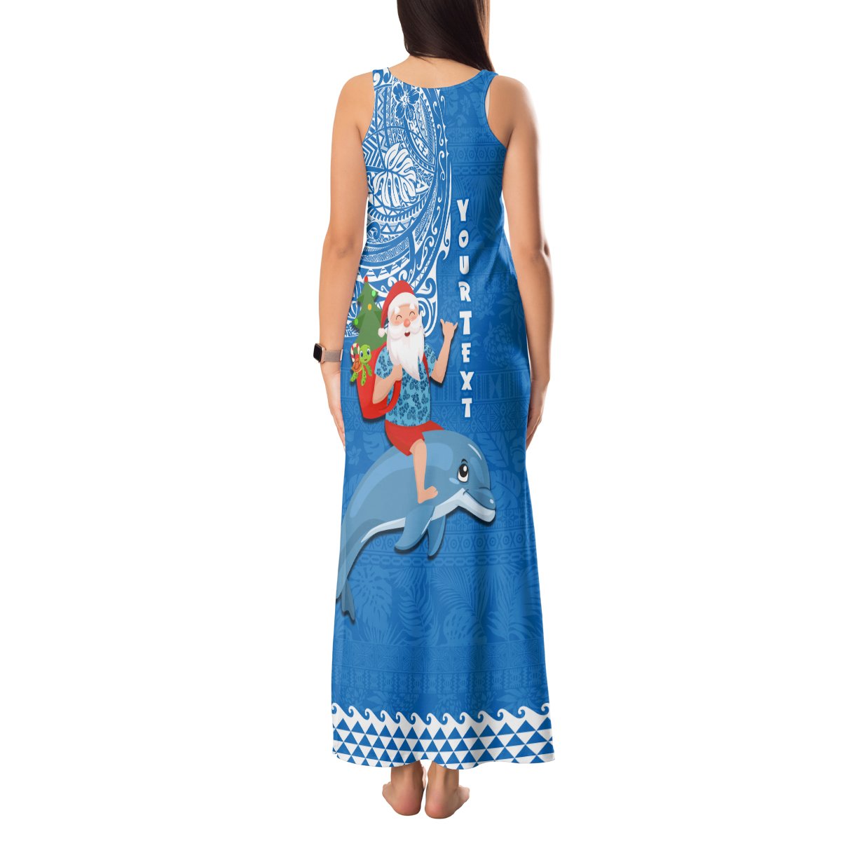 Custom Hawaii Mele Kalikimaka Tank Maxi Dress Santa Riding The DolPhin Mix Kakau Pattern Blue Style LT03 - Polynesian Pride