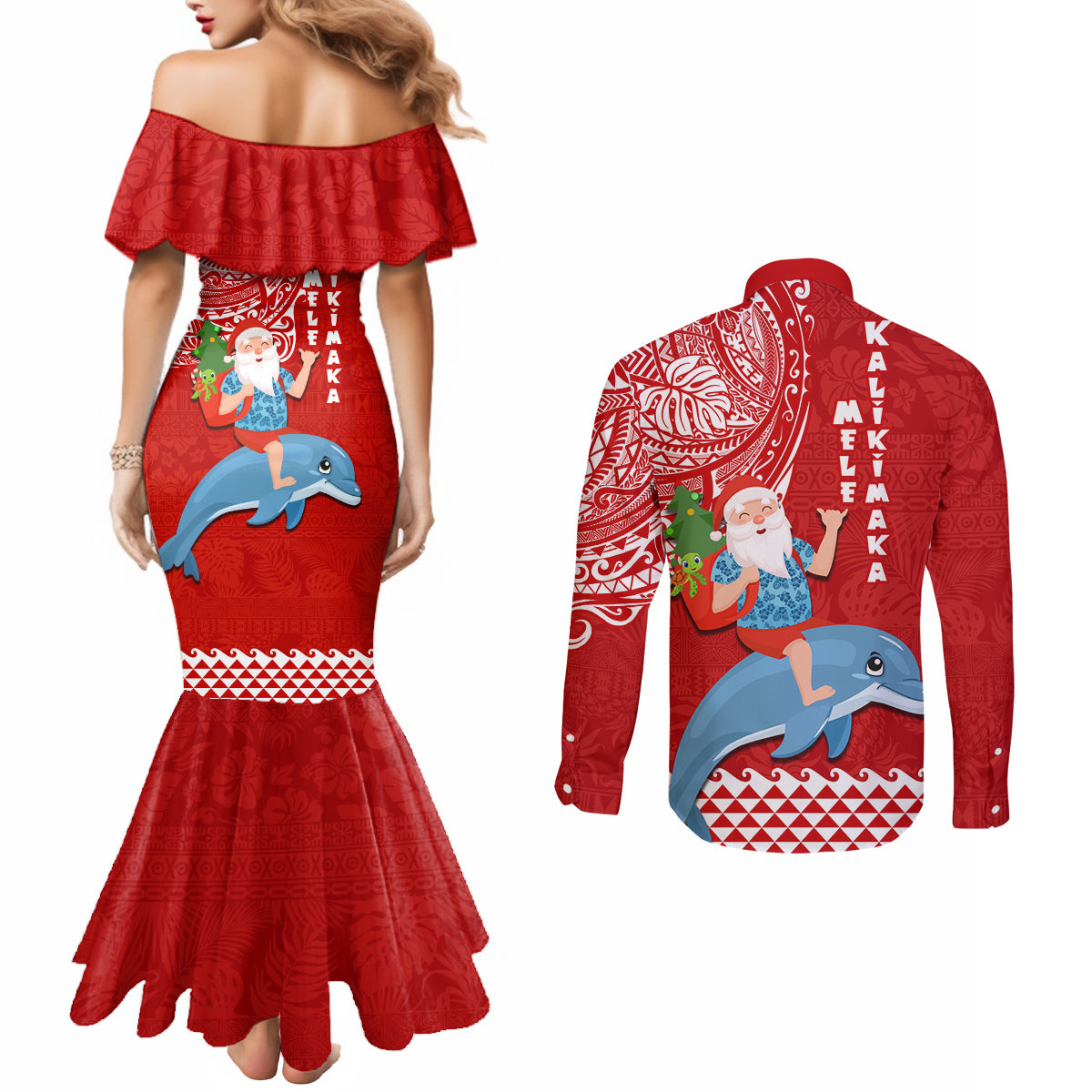 Hawaii Mele Kalikimaka Couples Matching Mermaid Dress and Long Sleeve Button Shirt Santa Riding The DolPhin Mix Kakau Pattern Red Style LT03 - Polynesian Pride