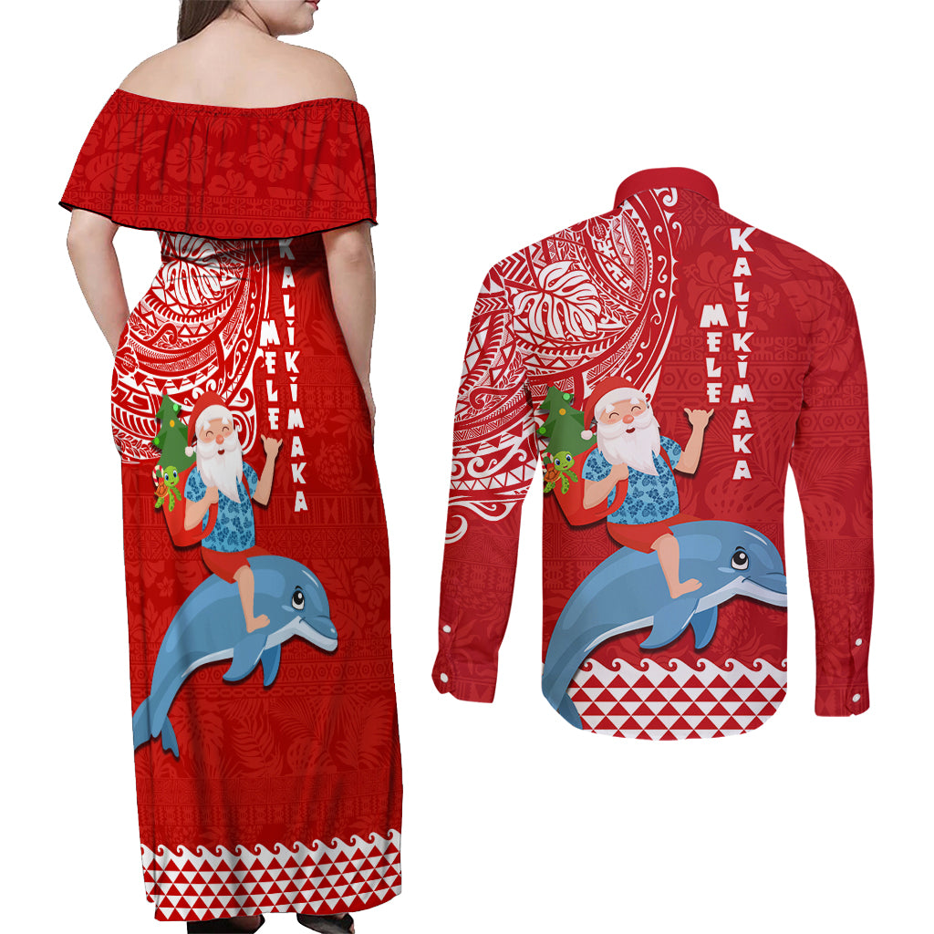 Hawaii Mele Kalikimaka Couples Matching Off Shoulder Maxi Dress and Long Sleeve Button Shirt Santa Riding The DolPhin Mix Kakau Pattern Red Style LT03 - Polynesian Pride