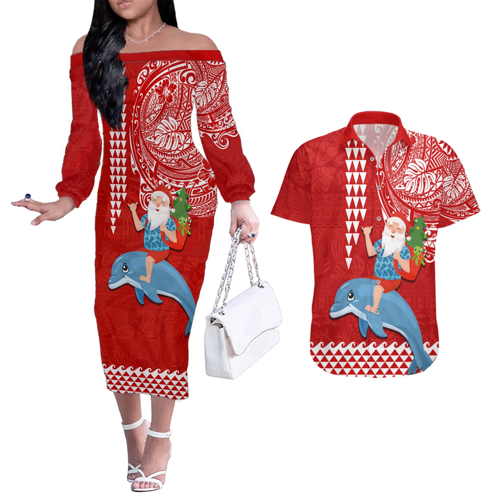 Hawaii Mele Kalikimaka Couples Matching Off The Shoulder Long Sleeve Dress and Hawaiian Shirt Santa Riding The DolPhin Mix Kakau Pattern Red Style LT03 Red - Polynesian Pride