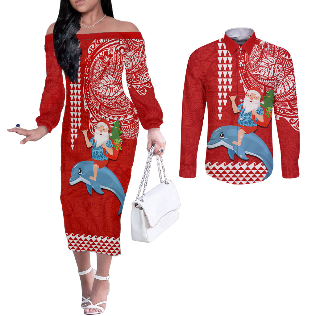 Hawaii Mele Kalikimaka Couples Matching Off The Shoulder Long Sleeve Dress and Long Sleeve Button Shirt Santa Riding The DolPhin Mix Kakau Pattern Red Style LT03 Red - Polynesian Pride