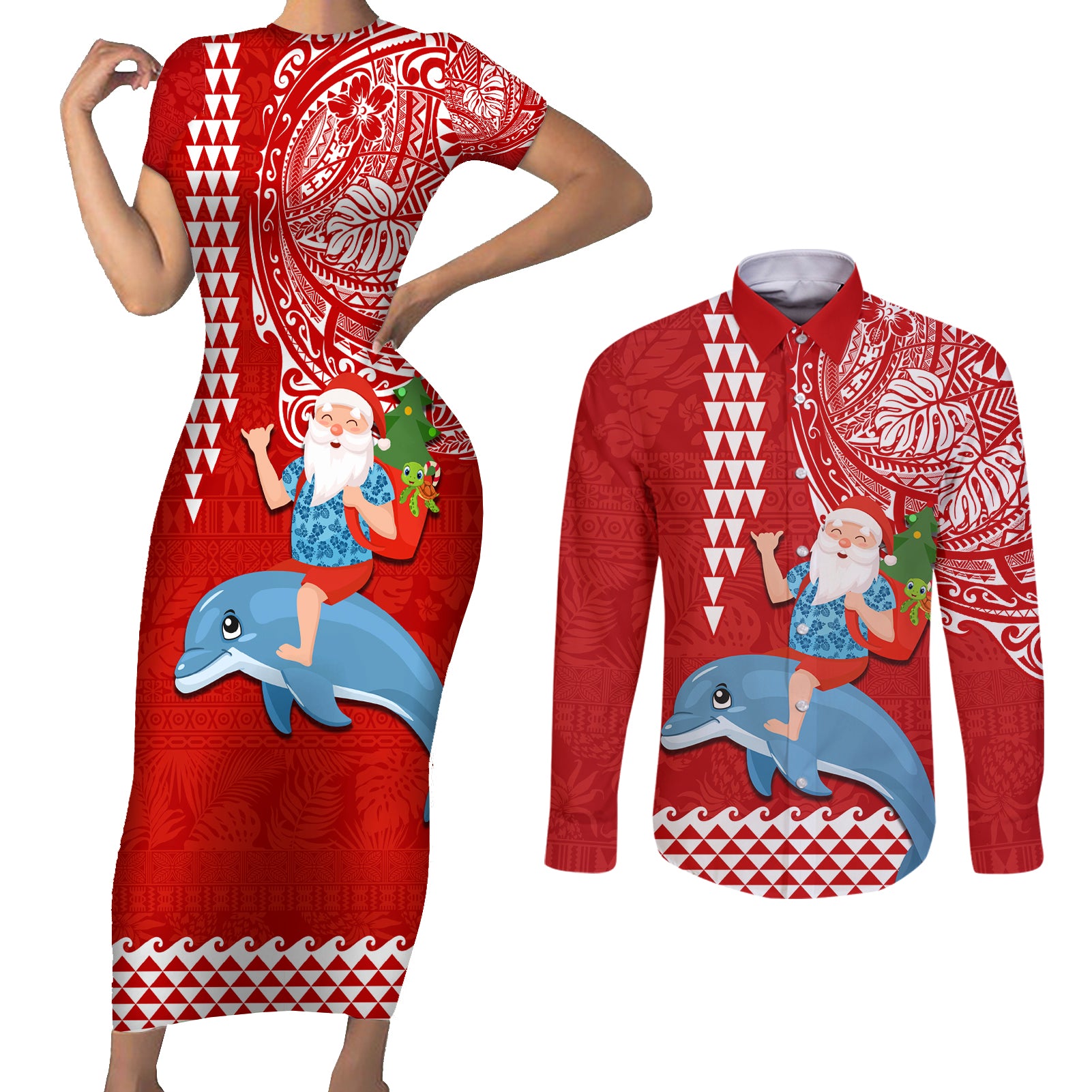 Hawaii Mele Kalikimaka Couples Matching Short Sleeve Bodycon Dress and Long Sleeve Button Shirt Santa Riding The DolPhin Mix Kakau Pattern Red Style LT03 Red - Polynesian Pride