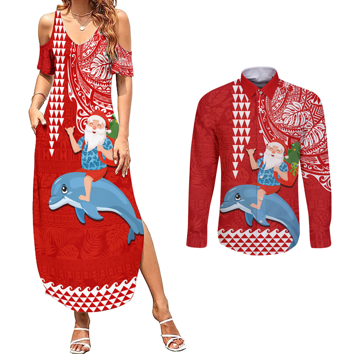 Hawaii Mele Kalikimaka Couples Matching Summer Maxi Dress and Long Sleeve Button Shirt Santa Riding The DolPhin Mix Kakau Pattern Red Style LT03 Red - Polynesian Pride