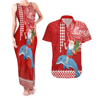 Hawaii Mele Kalikimaka Couples Matching Tank Maxi Dress and Hawaiian Shirt Santa Riding The DolPhin Mix Kakau Pattern Red Style LT03 Red - Polynesian Pride
