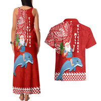 Hawaii Mele Kalikimaka Couples Matching Tank Maxi Dress and Hawaiian Shirt Santa Riding The DolPhin Mix Kakau Pattern Red Style LT03 - Polynesian Pride