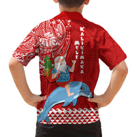 Hawaii Mele Kalikimaka Family Matching Off Shoulder Long Sleeve Dress and Hawaiian Shirt Santa Riding The DolPhin Mix Kakau Pattern Red Style LT03 - Polynesian Pride