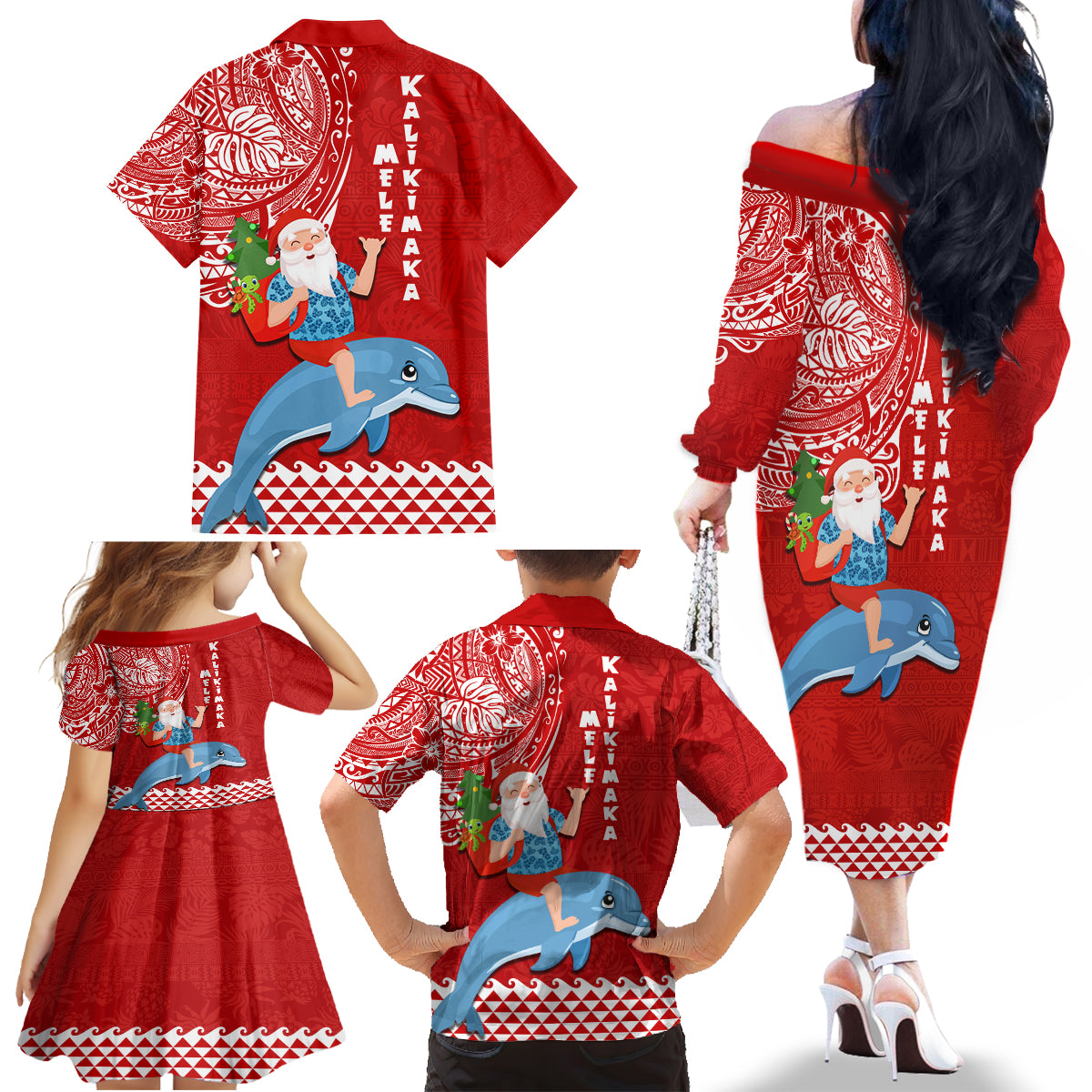 Hawaii Mele Kalikimaka Family Matching Off Shoulder Long Sleeve Dress and Hawaiian Shirt Santa Riding The DolPhin Mix Kakau Pattern Red Style LT03 - Polynesian Pride