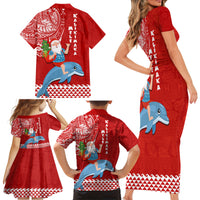 Hawaii Mele Kalikimaka Family Matching Short Sleeve Bodycon Dress and Hawaiian Shirt Santa Riding The DolPhin Mix Kakau Pattern Red Style LT03 - Polynesian Pride