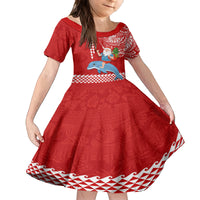 Hawaii Mele Kalikimaka Family Matching Summer Maxi Dress and Hawaiian Shirt Santa Riding The DolPhin Mix Kakau Pattern Red Style LT03 Daughter's Dress Red - Polynesian Pride