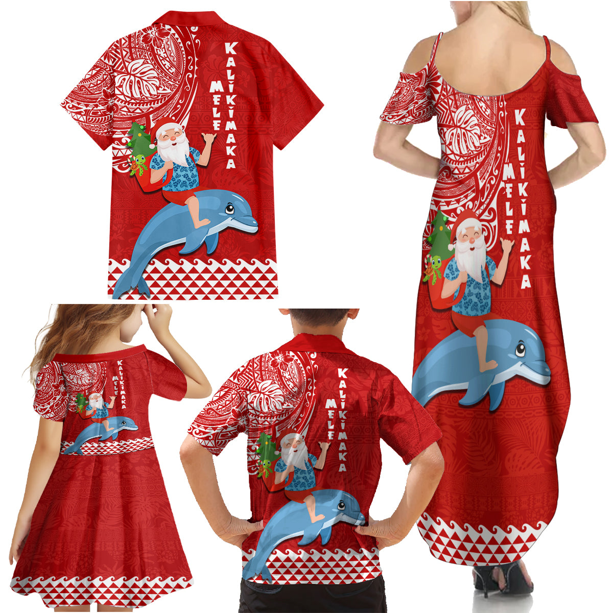Hawaii Mele Kalikimaka Family Matching Summer Maxi Dress and Hawaiian Shirt Santa Riding The DolPhin Mix Kakau Pattern Red Style LT03 - Polynesian Pride