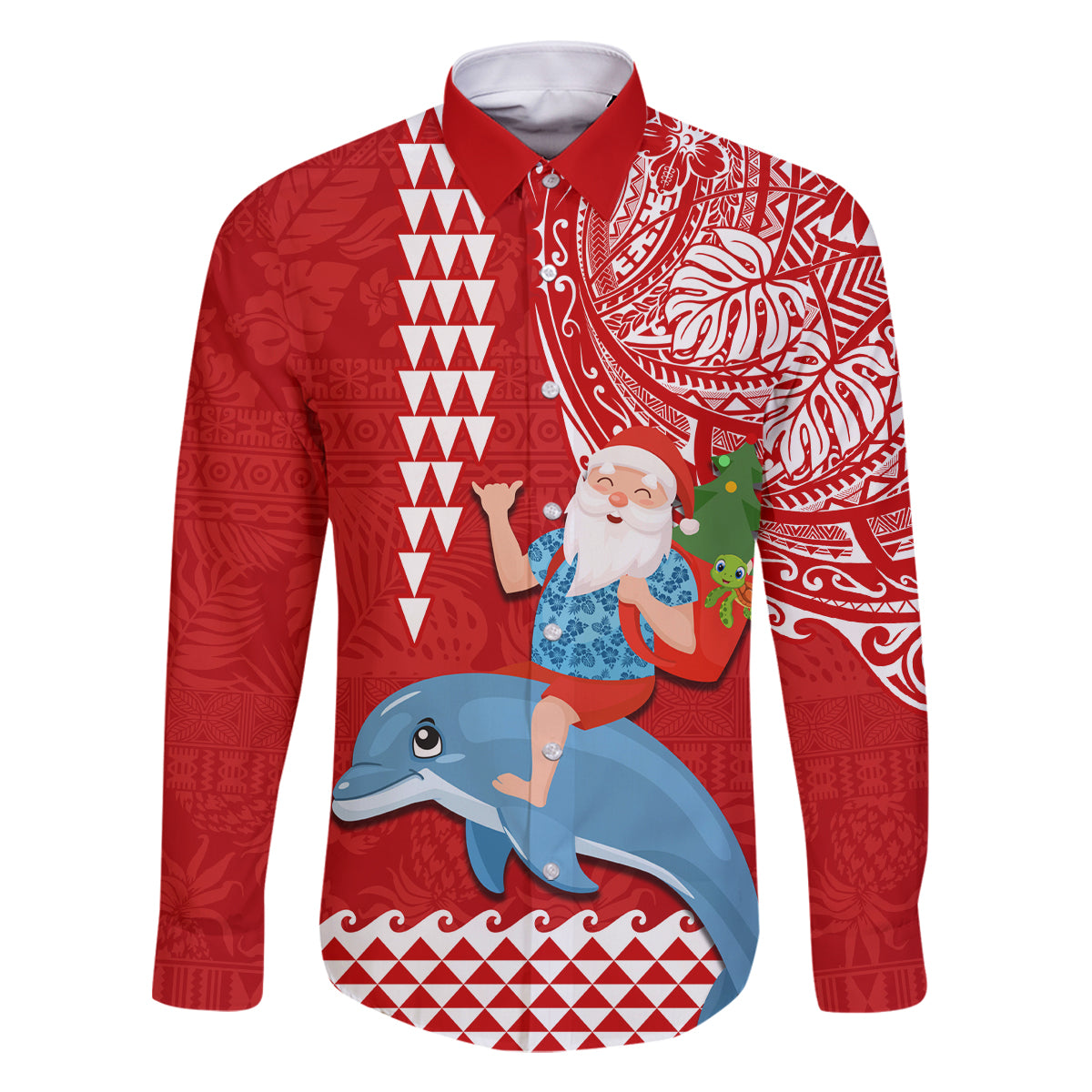 Hawaii Mele Kalikimaka Family Matching Summer Maxi Dress and Hawaiian Shirt Santa Riding The DolPhin Mix Kakau Pattern Red Style LT03 Dad's Shirt - Long Sleeve Red - Polynesian Pride