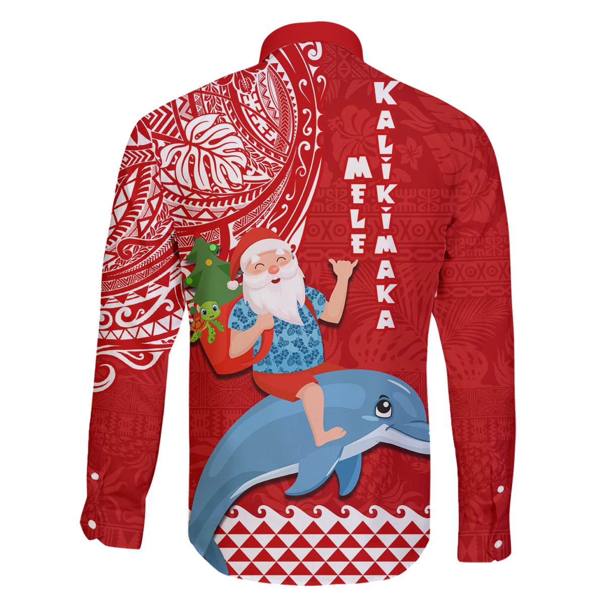 Hawaii Mele Kalikimaka Family Matching Summer Maxi Dress and Hawaiian Shirt Santa Riding The DolPhin Mix Kakau Pattern Red Style LT03 - Polynesian Pride