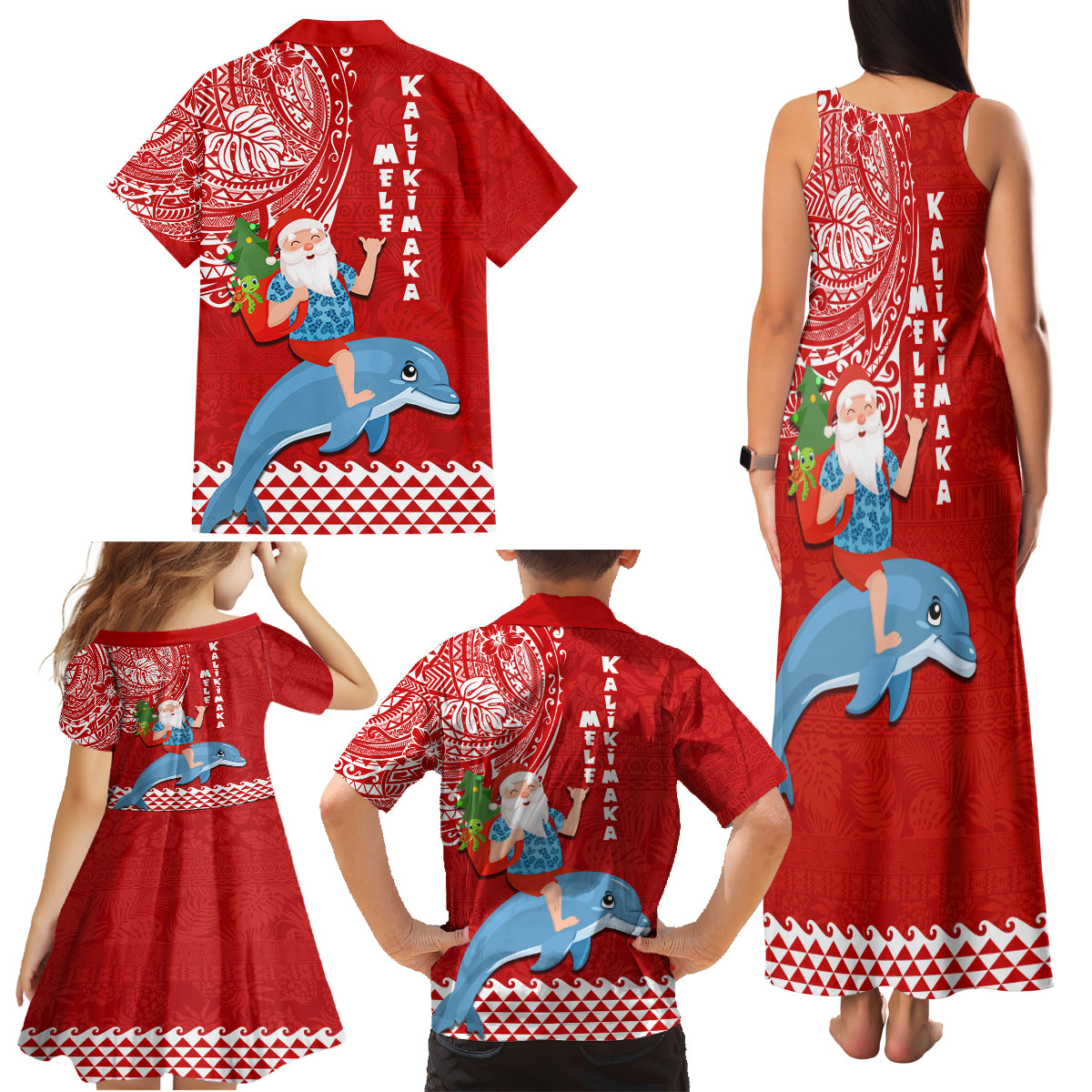 Hawaii Mele Kalikimaka Family Matching Tank Maxi Dress and Hawaiian Shirt Santa Riding The DolPhin Mix Kakau Pattern Red Style LT03 - Polynesian Pride