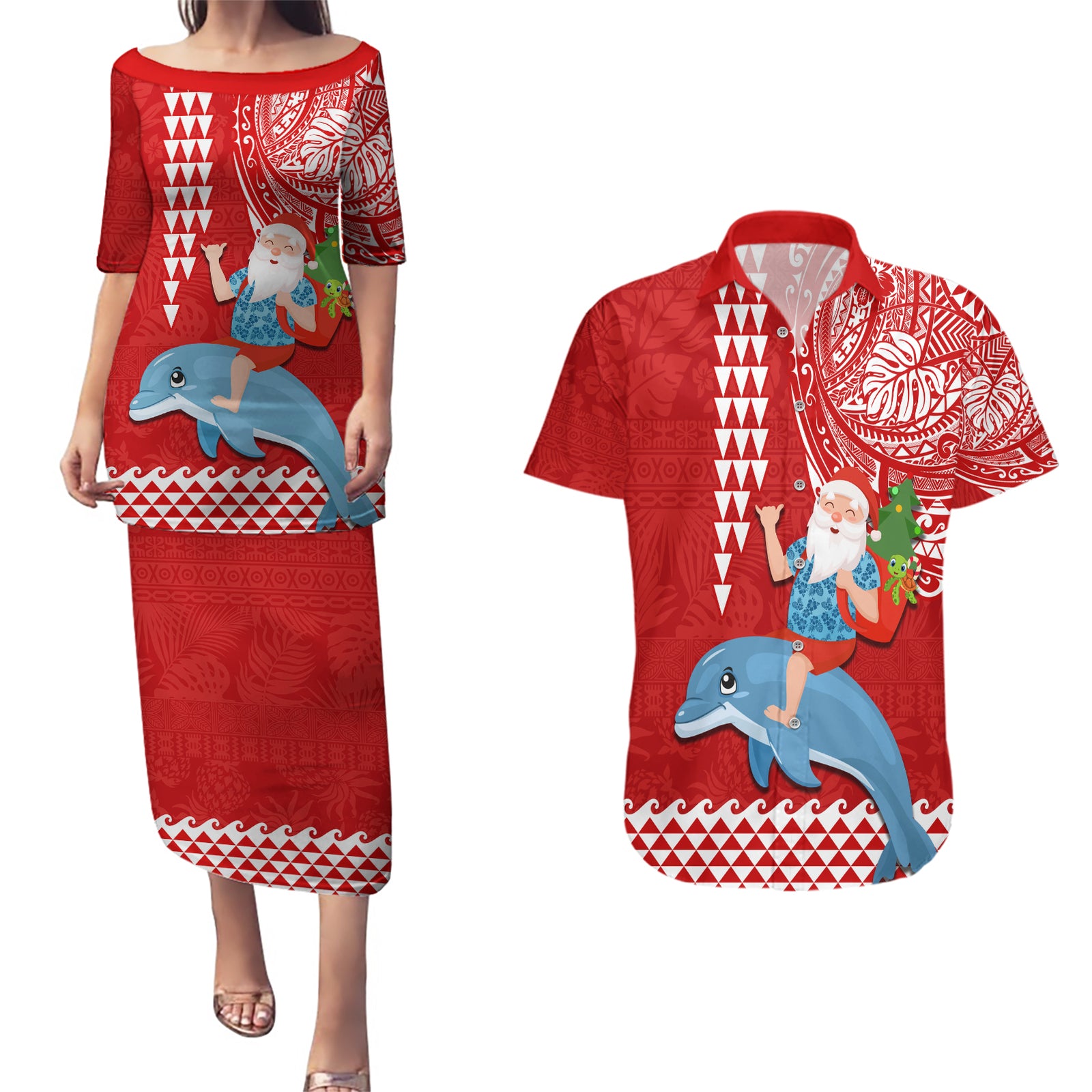 Custom Hawaii Mele Kalikimaka Couples Matching Puletasi Dress and Hawaiian Shirt Santa Riding The DolPhin Mix Kakau Pattern Red Style LT03 Red - Polynesian Pride