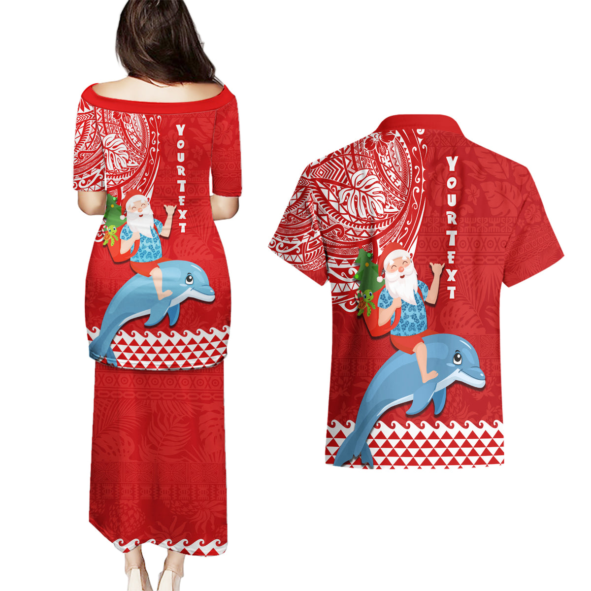 Custom Hawaii Mele Kalikimaka Couples Matching Puletasi Dress and Hawaiian Shirt Santa Riding The DolPhin Mix Kakau Pattern Red Style LT03 - Polynesian Pride