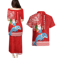 Custom Hawaii Mele Kalikimaka Couples Matching Puletasi Dress and Hawaiian Shirt Santa Riding The DolPhin Mix Kakau Pattern Red Style LT03 - Polynesian Pride