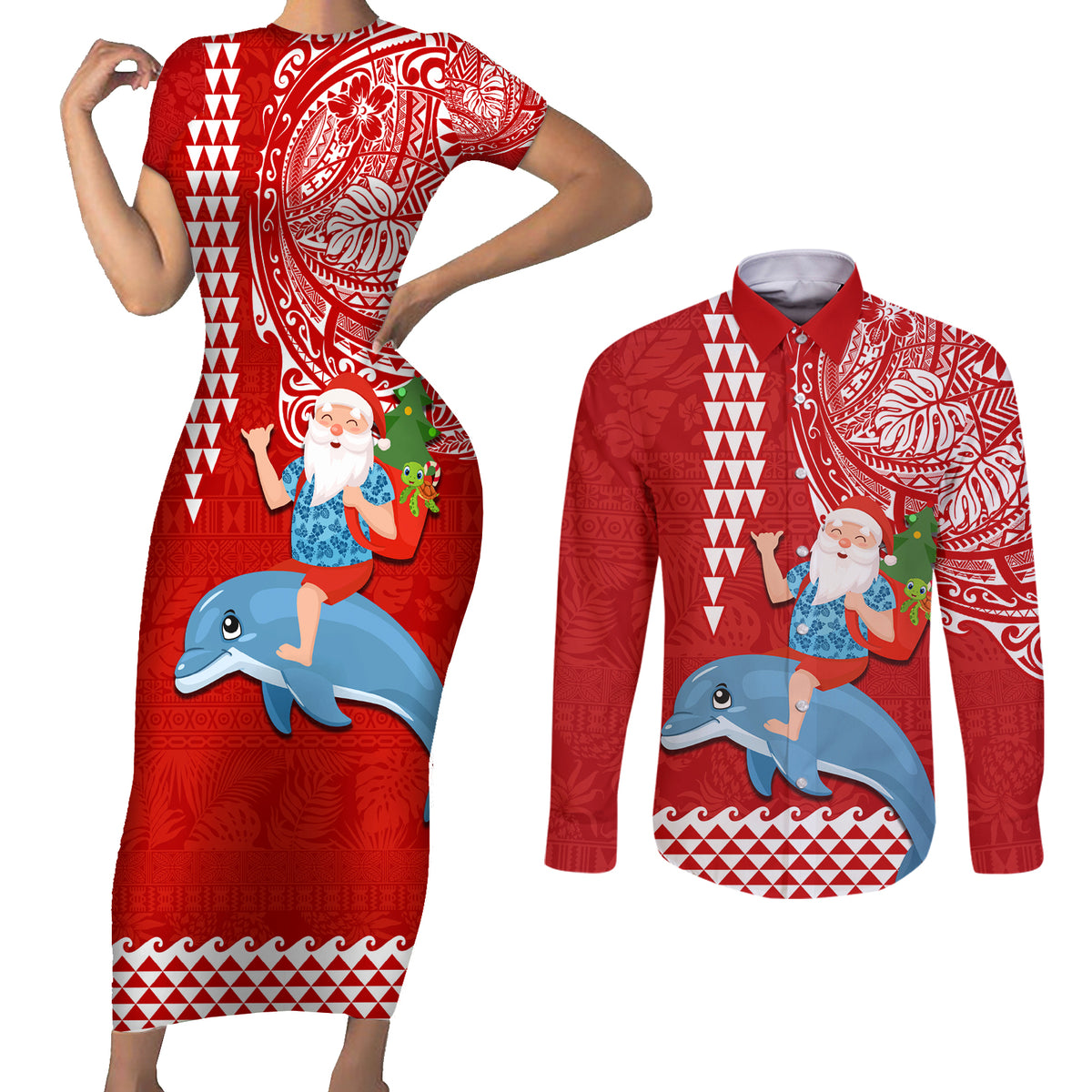 Custom Hawaii Mele Kalikimaka Couples Matching Short Sleeve Bodycon Dress and Long Sleeve Button Shirt Santa Riding The DolPhin Mix Kakau Pattern Red Style LT03 Red - Polynesian Pride