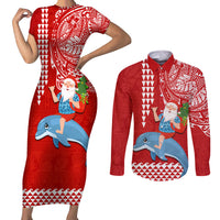 Custom Hawaii Mele Kalikimaka Couples Matching Short Sleeve Bodycon Dress and Long Sleeve Button Shirt Santa Riding The DolPhin Mix Kakau Pattern Red Style LT03 Red - Polynesian Pride