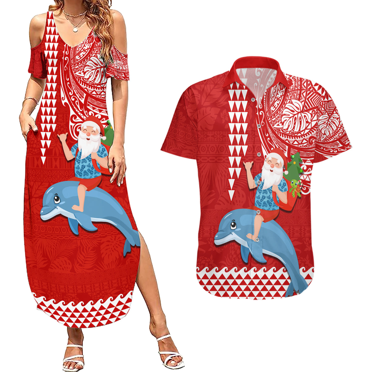 Custom Hawaii Mele Kalikimaka Couples Matching Summer Maxi Dress and Hawaiian Shirt Santa Riding The DolPhin Mix Kakau Pattern Red Style LT03 Red - Polynesian Pride