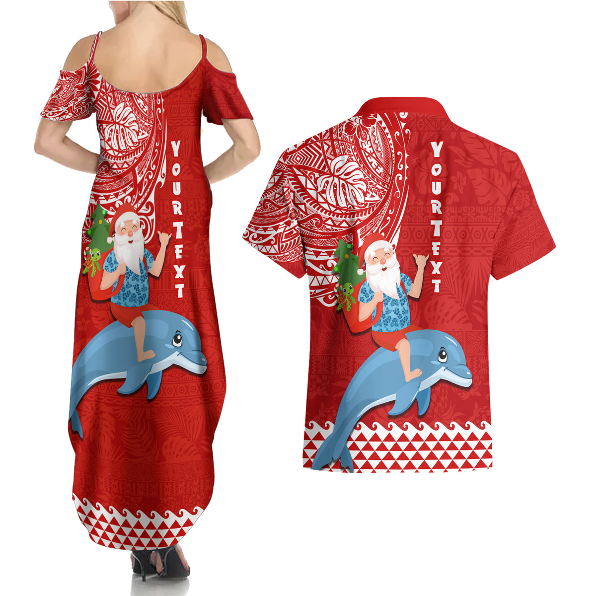 Custom Hawaii Mele Kalikimaka Couples Matching Summer Maxi Dress and Hawaiian Shirt Santa Riding The DolPhin Mix Kakau Pattern Red Style LT03 - Polynesian Pride