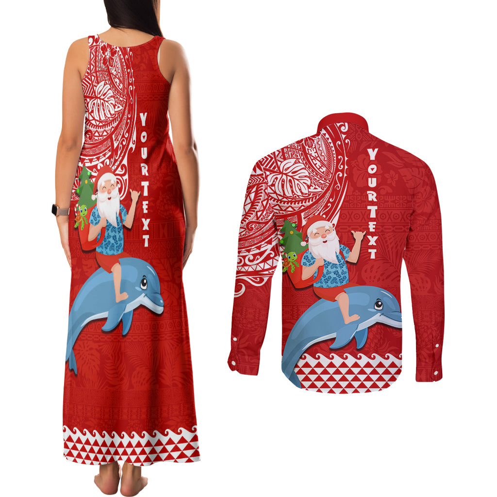 Custom Hawaii Mele Kalikimaka Couples Matching Tank Maxi Dress and Long Sleeve Button Shirt Santa Riding The DolPhin Mix Kakau Pattern Red Style LT03 - Polynesian Pride
