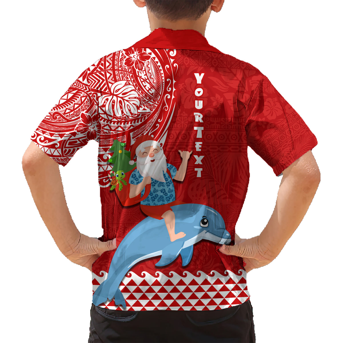 Custom Hawaii Mele Kalikimaka Kid Hawaiian Shirt Santa Riding The DolPhin Mix Kakau Pattern Red Style LT03 - Polynesian Pride