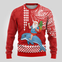 Custom Hawaii Mele Kalikimaka Ugly Christmas Sweater Santa Riding The DolPhin Mix Kakau Pattern Red Style LT03 - Polynesian Pride