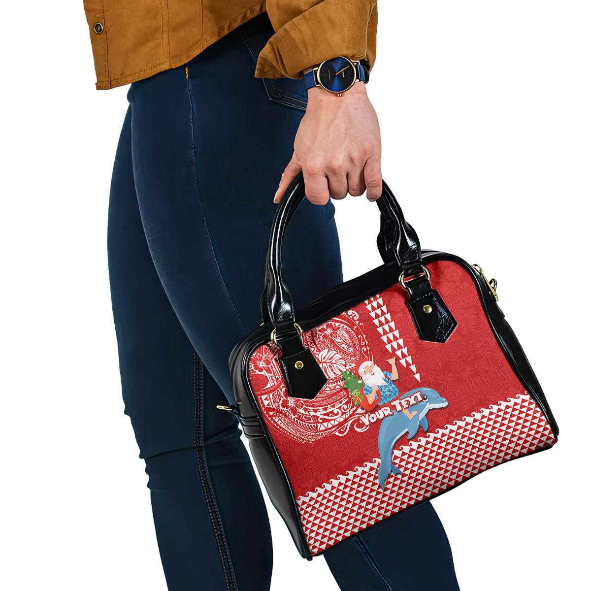 Custom Hawaii Mele Kalikimaka Shoulder Handbag Santa Riding The DolPhin Mix Kakau Pattern Red Style LT03 - Polynesian Pride