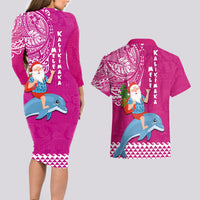 Hawaii Mele Kalikimaka Couples Matching Long Sleeve Bodycon Dress and Hawaiian Shirt Santa Riding The DolPhin Mix Kakau Pattern Pink Style LT03 - Polynesian Pride