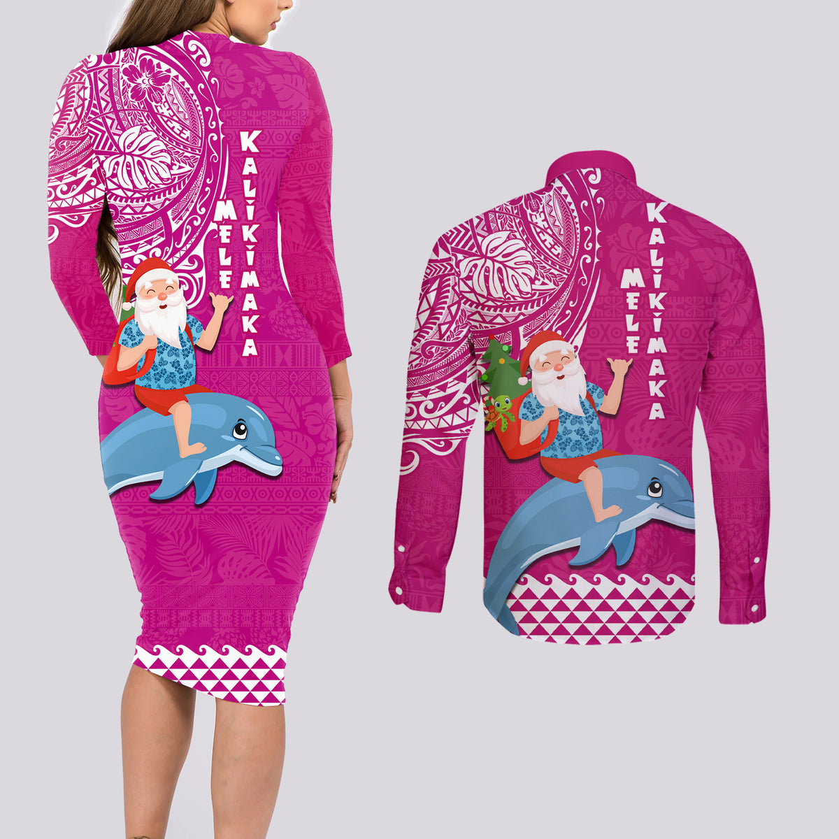 Hawaii Mele Kalikimaka Couples Matching Long Sleeve Bodycon Dress and Long Sleeve Button Shirt Santa Riding The DolPhin Mix Kakau Pattern Pink Style LT03 - Polynesian Pride