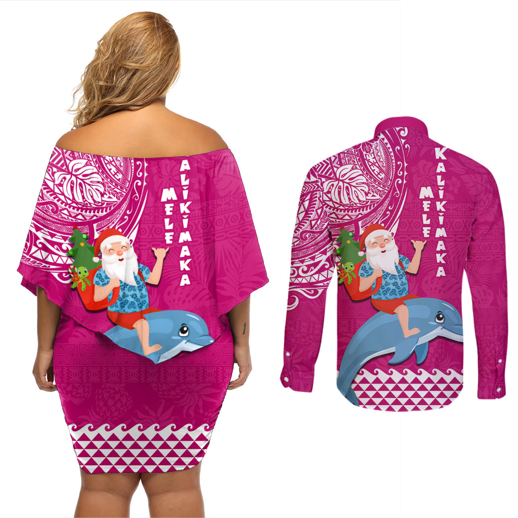 Hawaii Mele Kalikimaka Couples Matching Off Shoulder Short Dress and Long Sleeve Button Shirt Santa Riding The DolPhin Mix Kakau Pattern Pink Style LT03 - Polynesian Pride