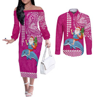 Hawaii Mele Kalikimaka Couples Matching Off The Shoulder Long Sleeve Dress and Long Sleeve Button Shirt Santa Riding The DolPhin Mix Kakau Pattern Pink Style LT03 Pink - Polynesian Pride