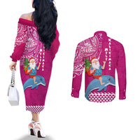 Hawaii Mele Kalikimaka Couples Matching Off The Shoulder Long Sleeve Dress and Long Sleeve Button Shirt Santa Riding The DolPhin Mix Kakau Pattern Pink Style LT03 - Polynesian Pride