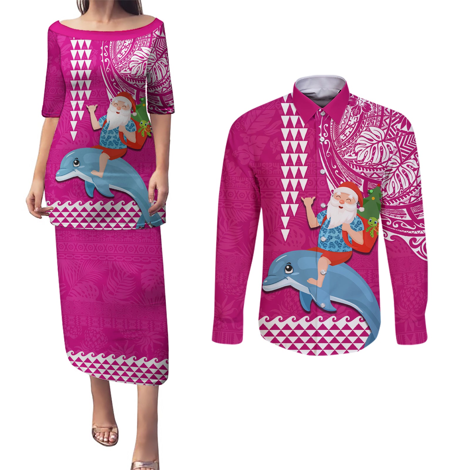 Hawaii Mele Kalikimaka Couples Matching Puletasi Dress and Long Sleeve Button Shirt Santa Riding The DolPhin Mix Kakau Pattern Pink Style LT03 Pink - Polynesian Pride