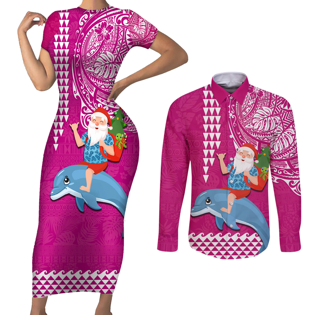 Hawaii Mele Kalikimaka Couples Matching Short Sleeve Bodycon Dress and Long Sleeve Button Shirt Santa Riding The DolPhin Mix Kakau Pattern Pink Style LT03 Pink - Polynesian Pride
