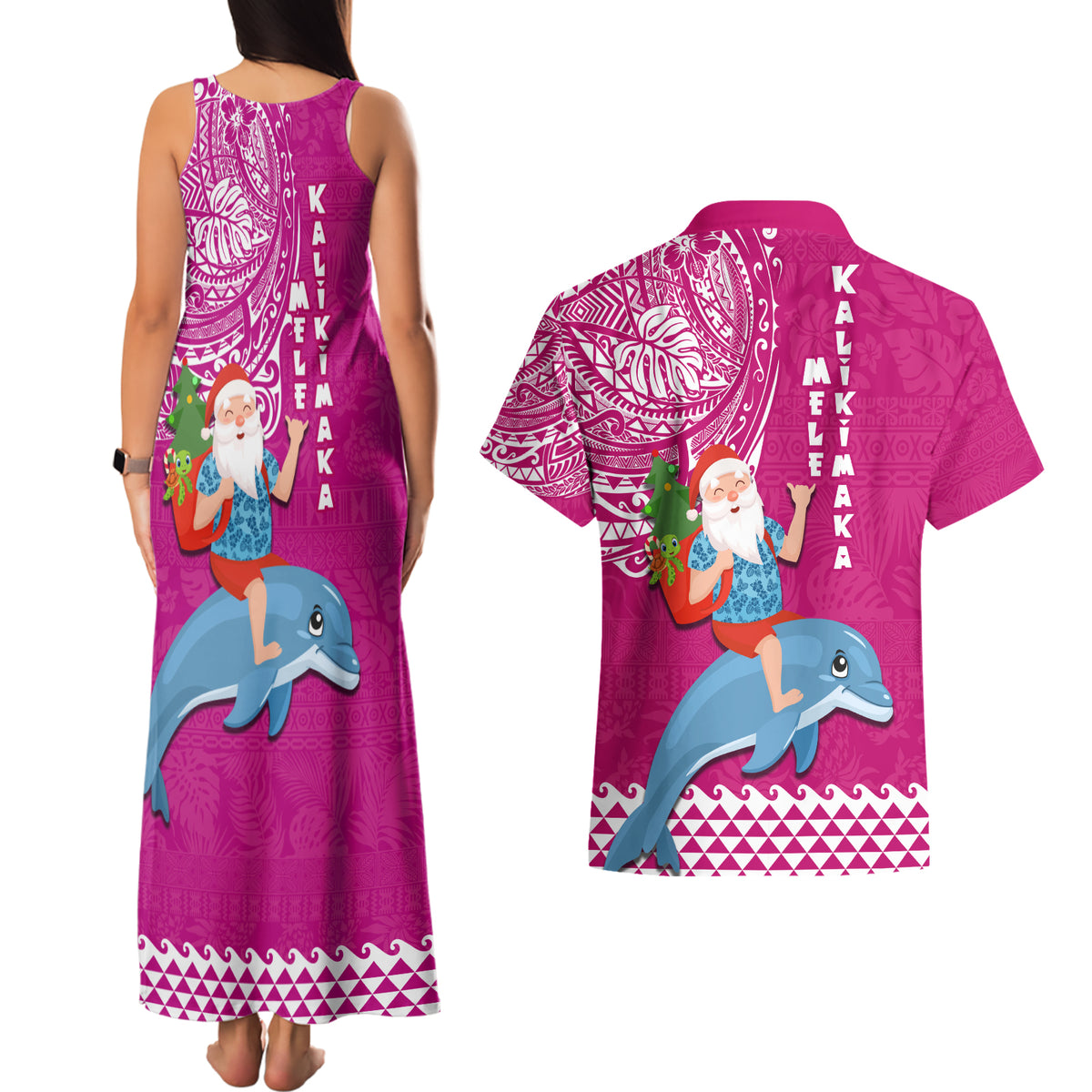 Hawaii Mele Kalikimaka Couples Matching Tank Maxi Dress and Hawaiian Shirt Santa Riding The DolPhin Mix Kakau Pattern Pink Style LT03 - Polynesian Pride