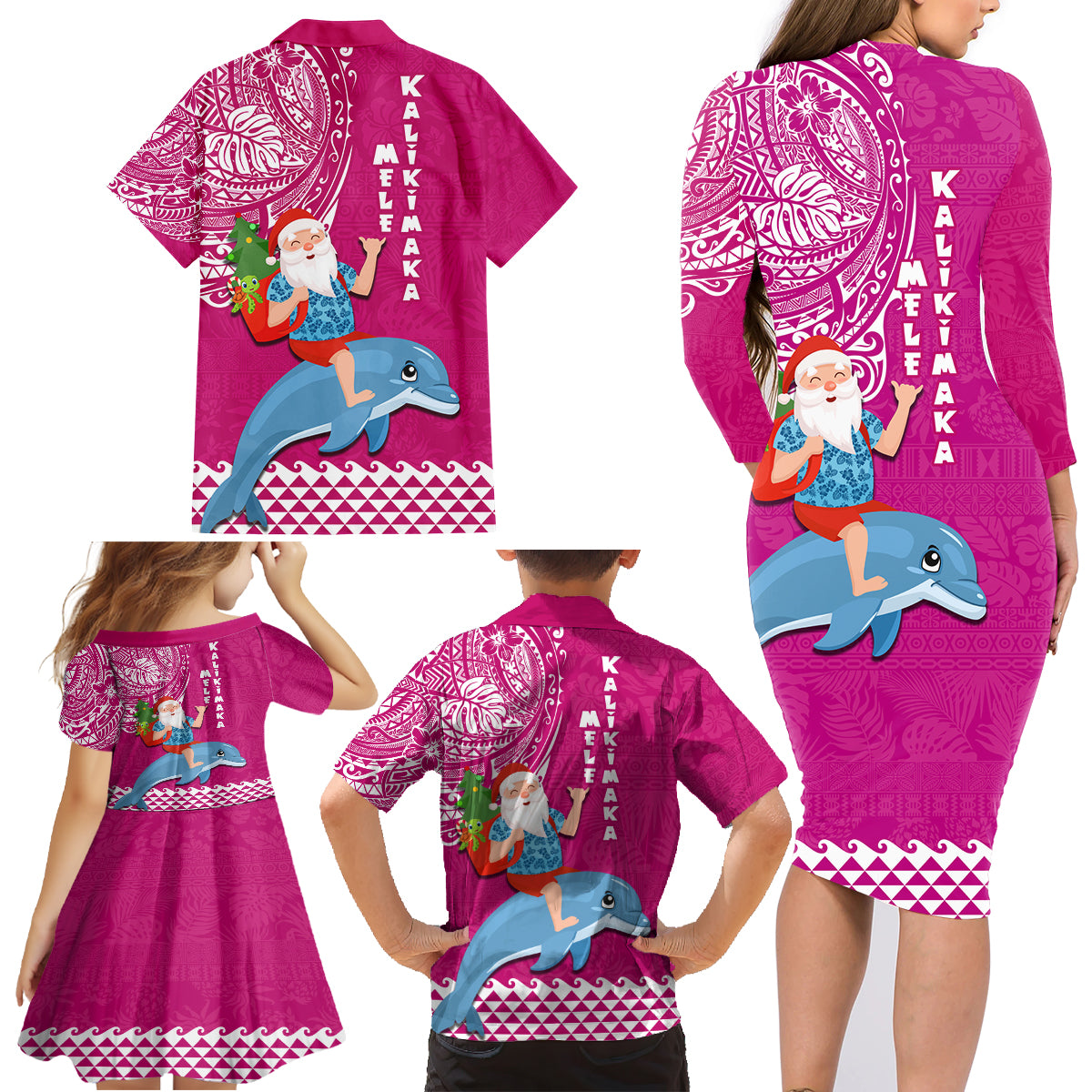 Hawaii Mele Kalikimaka Family Matching Long Sleeve Bodycon Dress and Hawaiian Shirt Santa Riding The DolPhin Mix Kakau Pattern Pink Style LT03 - Polynesian Pride