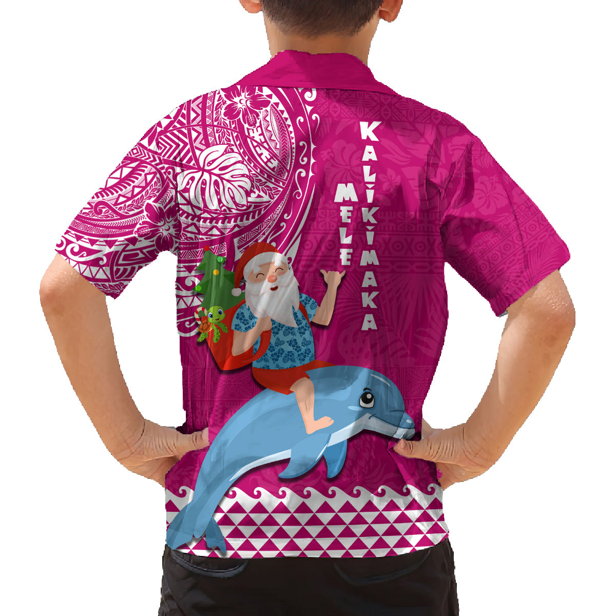 Hawaii Mele Kalikimaka Family Matching Off Shoulder Short Dress and Hawaiian Shirt Santa Riding The DolPhin Mix Kakau Pattern Pink Style LT03 - Polynesian Pride
