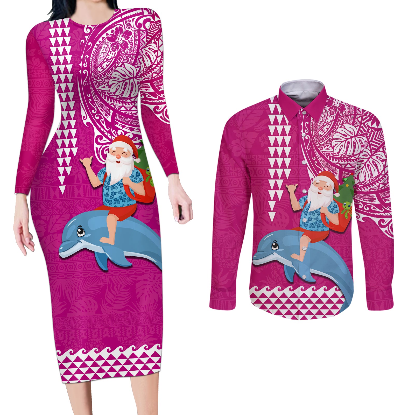 Custom Hawaii Mele Kalikimaka Couples Matching Long Sleeve Bodycon Dress and Long Sleeve Button Shirt Santa Riding The DolPhin Mix Kakau Pattern Pink Style LT03 Pink - Polynesian Pride
