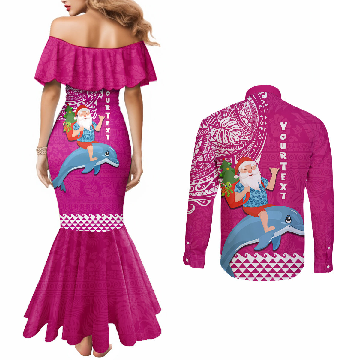 Custom Hawaii Mele Kalikimaka Couples Matching Mermaid Dress and Long Sleeve Button Shirt Santa Riding The DolPhin Mix Kakau Pattern Pink Style LT03 - Polynesian Pride